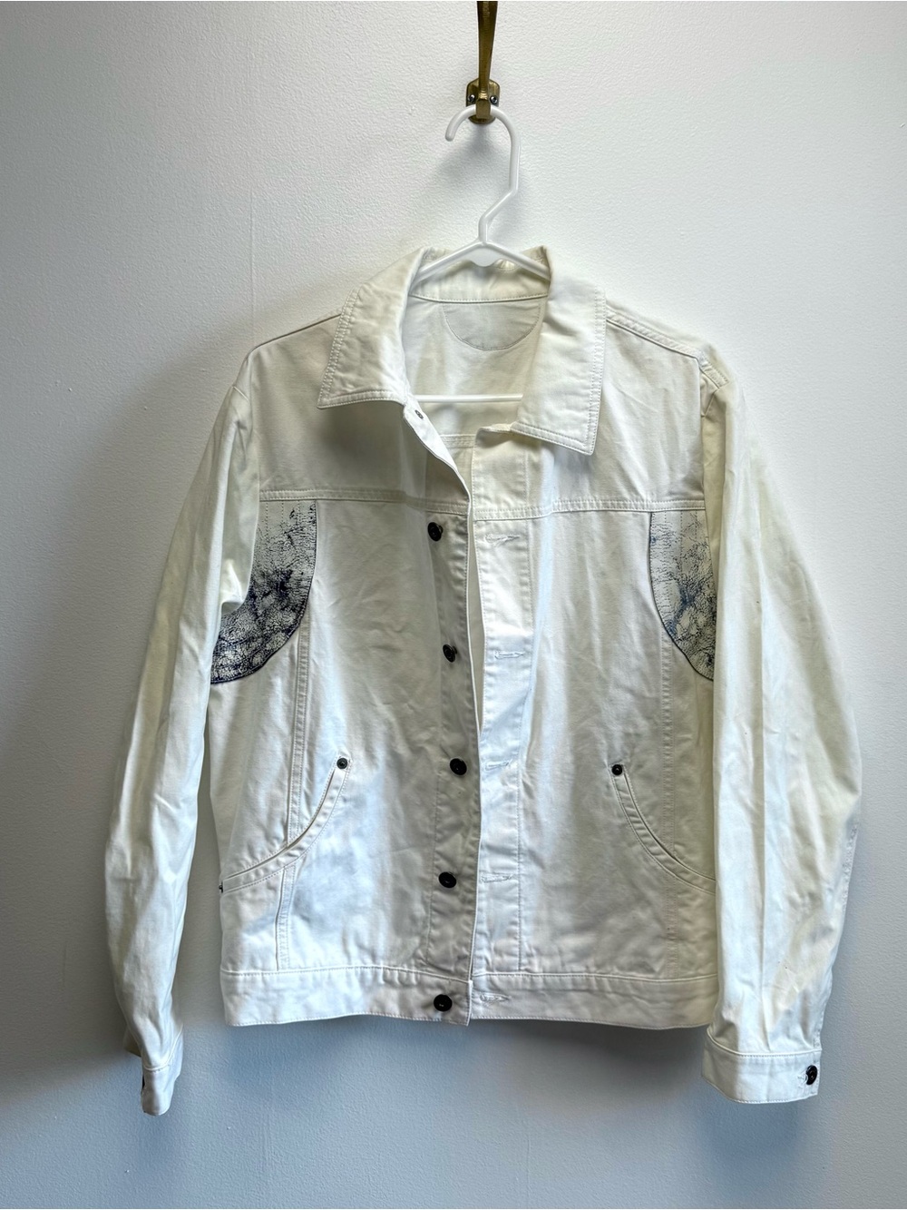 Moschino Y2K Cream White Eroded Patch 100% Cotton Distressed Denim Jacket Medium